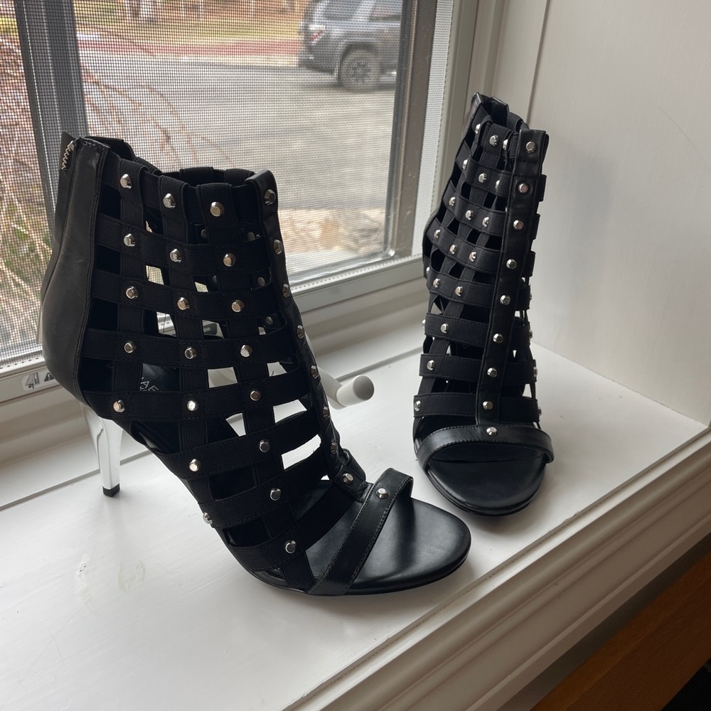 Studded Black Cage High-Heel Sandals